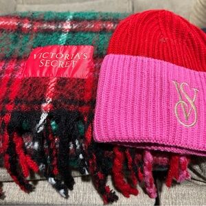 Victoria's Secret Red and Pink Knit Beanie with Plaid Scarf